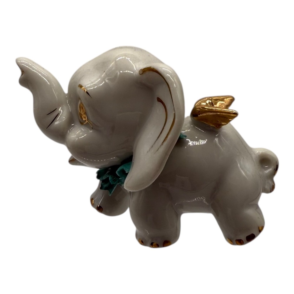 Vintage Elephant Figurine White Gold Accent‎ Ceramic Animal Decor Small